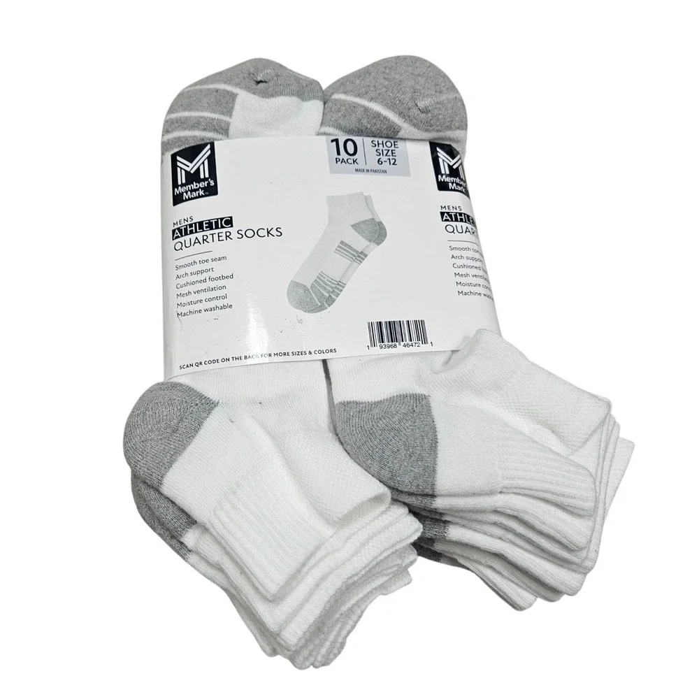 Member's Mark Athletic Quarter Socks Mens 6-12 White Gray 10 Pack Cushioned Arch